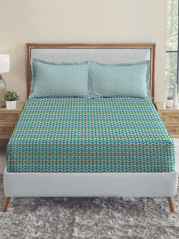 Urban Comfort Party Mood Teal Queen Bedsheet With 2 Pillow Cover, 144TC, 100% Cotton, Geometric, Blue