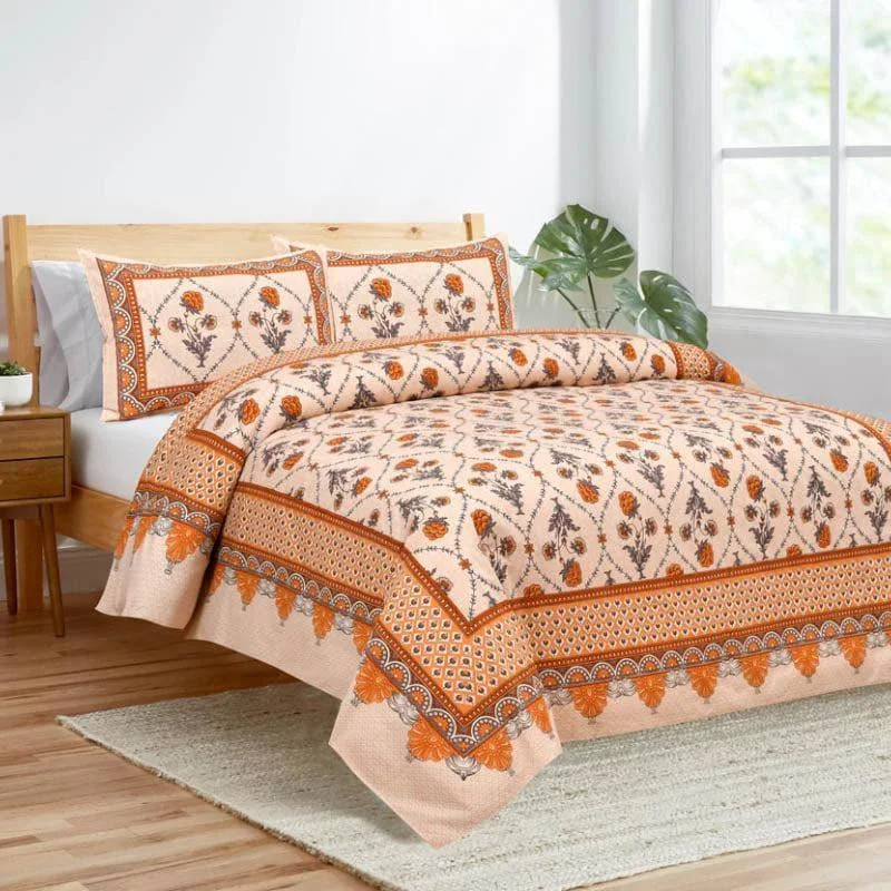 Mughal Jaali Printed Bedsheet - Orange & Beige