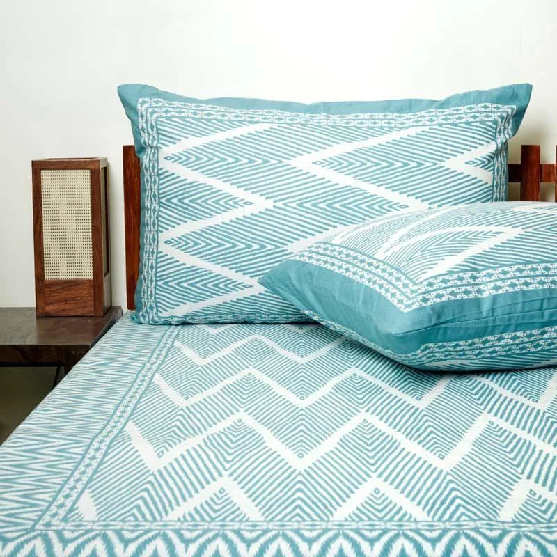 Jorie Geometric Printed Bedsheet - Aqua