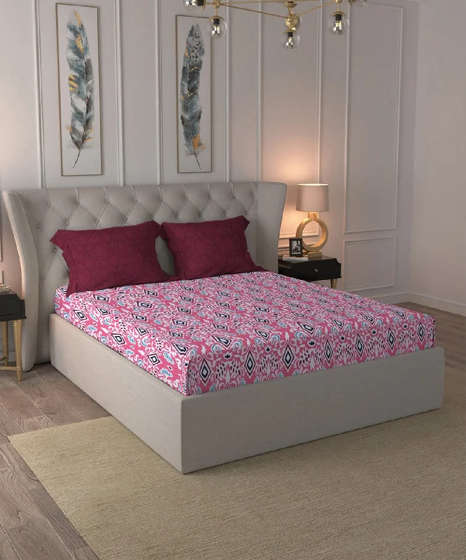 Comfort Living Jenna Pink Queen Bedsheet With 2 Pillow Cover 144Tc, 100% Cotton Ornamental, Pink