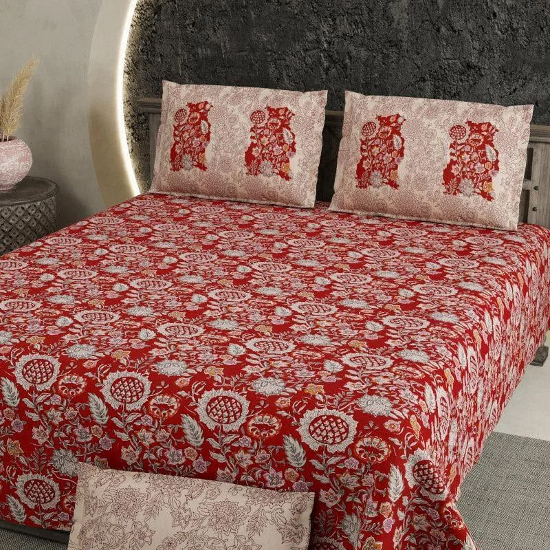 Kaanish Floral Bedsheet - Red