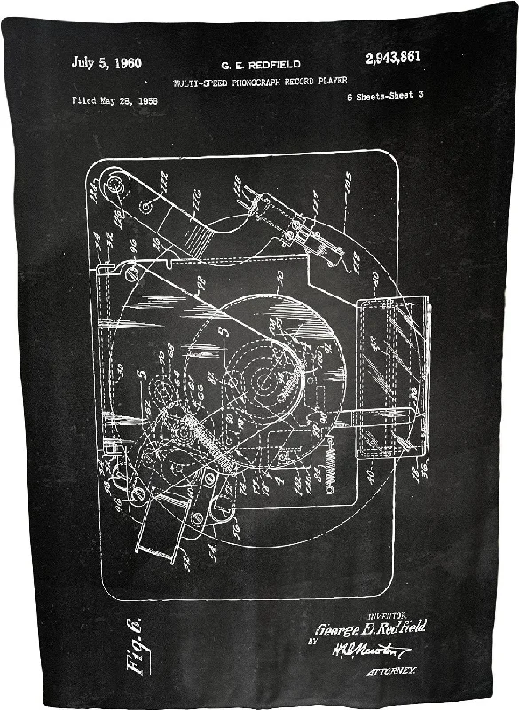 Multi-speed Phonograph Record Player Patent Illustration by George E Redfield Coral Plush Throw Blanket / Tapestry Wall Hanging 60" x 80"