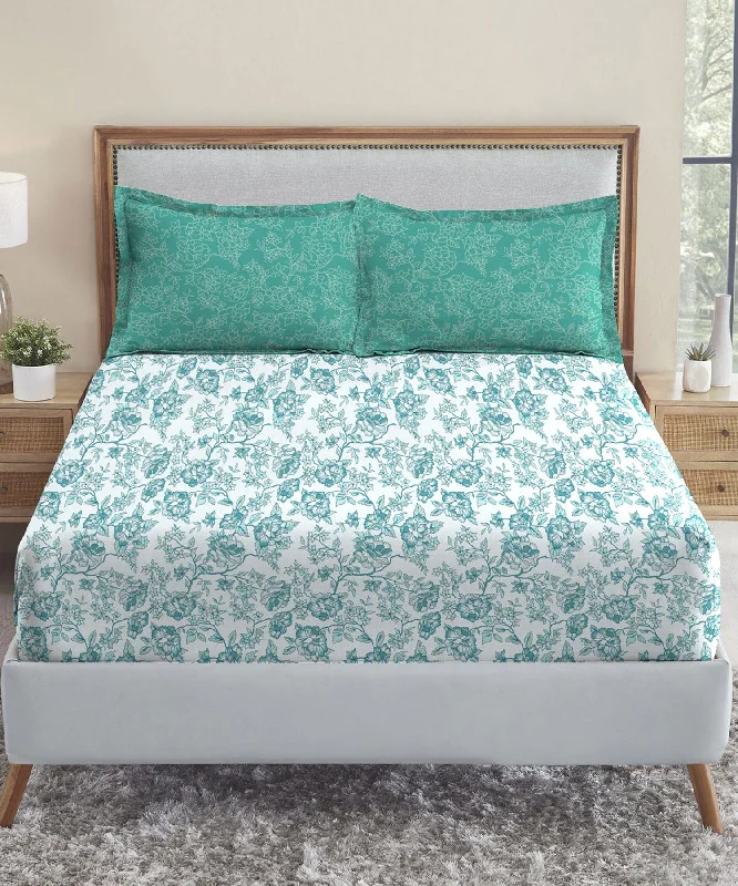 Urban Comfort Juliet Blue Queen Bedsheet With 2 Pillow Cover, 144TC, 100% Cotton, Floral, Blue