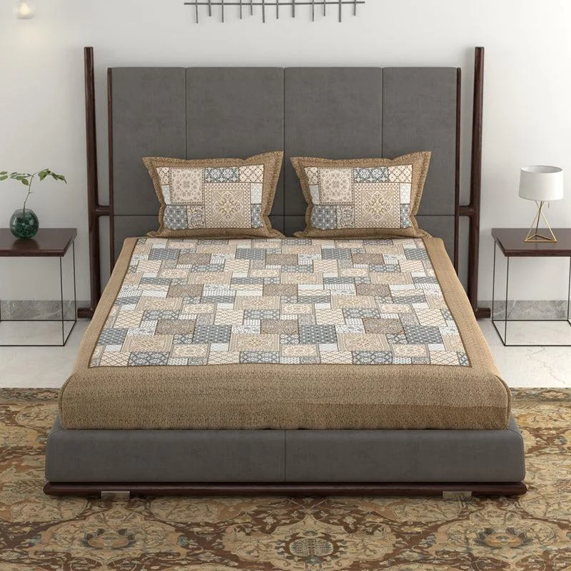 Priti Patchwork Printed Bedsheet - Grey