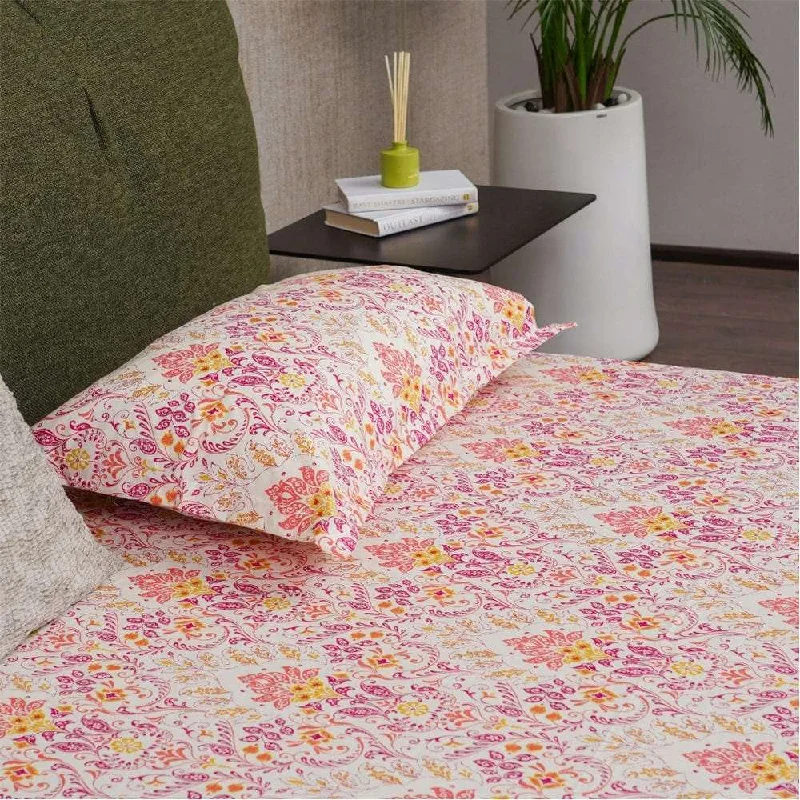 Regal Collection - Breathable 200 TC 100% Pure Cotton Single Bedsheet with Pillow Cover, Mughal Garden-Peach