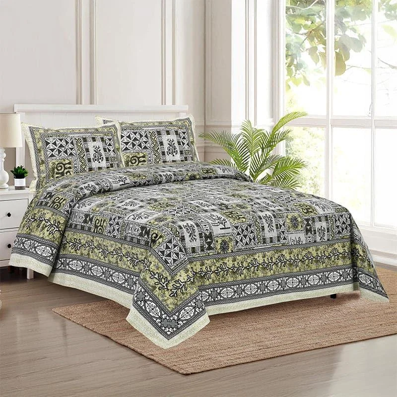 Tvisha Tribal Applique Print Bedsheet - Green & Grey