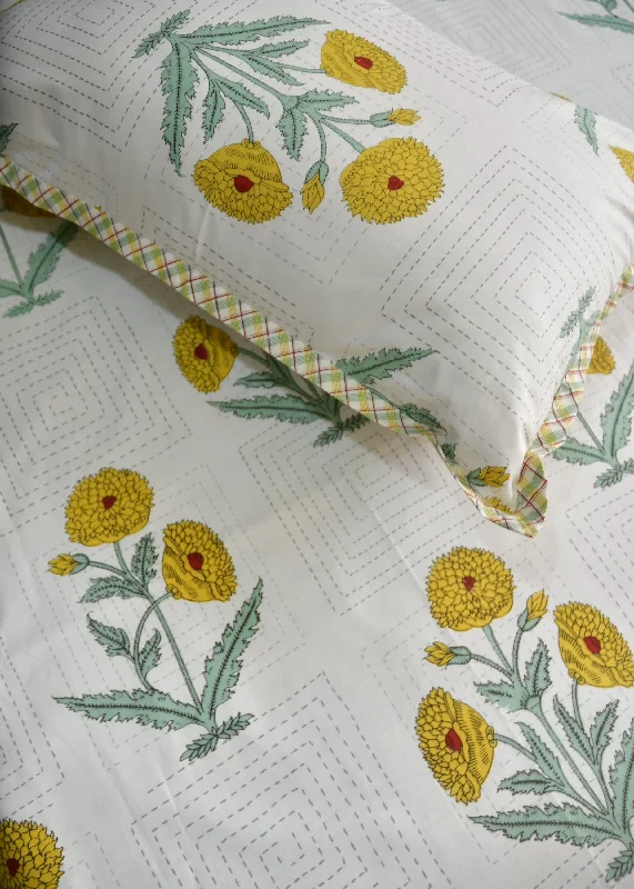 Yellow poppy cotton Bedsheet : Designer hand block elegance