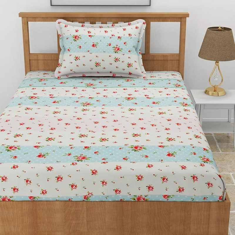 Safro Floral Bedsheet - White & Blue