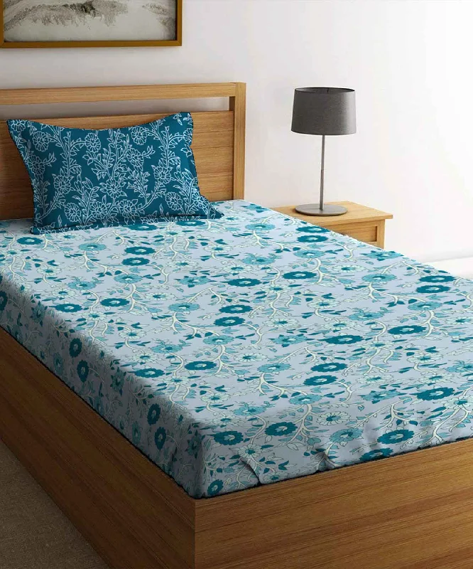 Urban Comfort Desert Gardern Blue Single Bedsheet With 1 Pillow Cover, 144TC, 100% Cotton, Floral, Blue