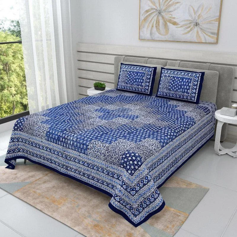 Checkered Glam Ethnic Bedsheet - Blue